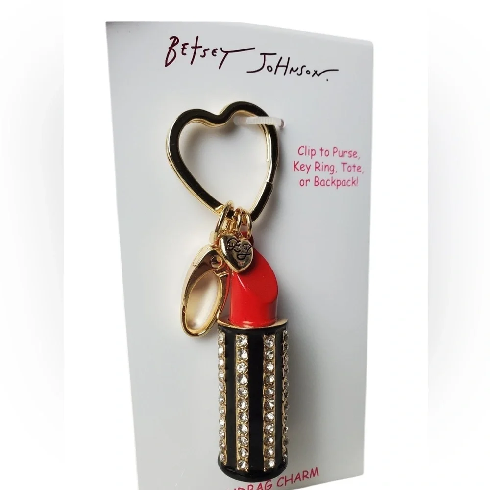 BETSEY JOHNSON Fire Engine Red Lipstick Crystal-Studded Bag Charm Keychain NWT